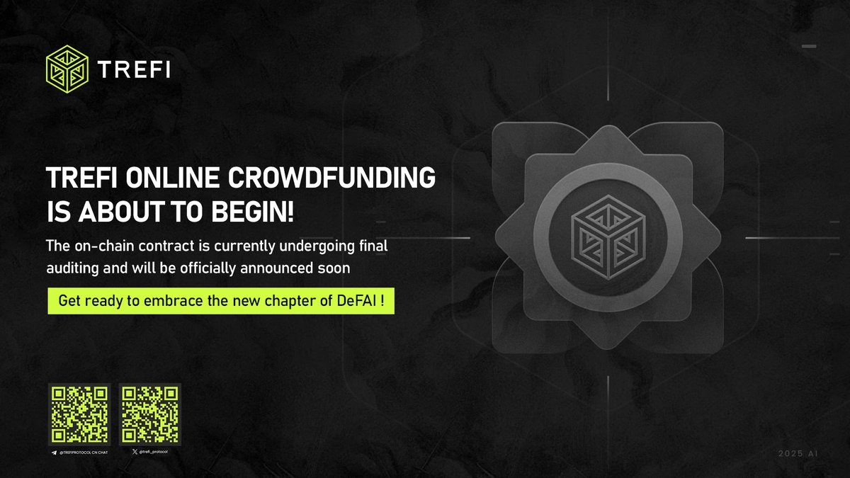 TreFi_Protocol's tweet image. 🌐 TreFi Online Crowdfunding Is About to Begin!
The on-chain contract is currently undergoing final auditing and will be officially announced soon.
Get ready to embrace the new chapter of DeFAI!
#TreFi #DeFAI #AI #DeFi #Web3