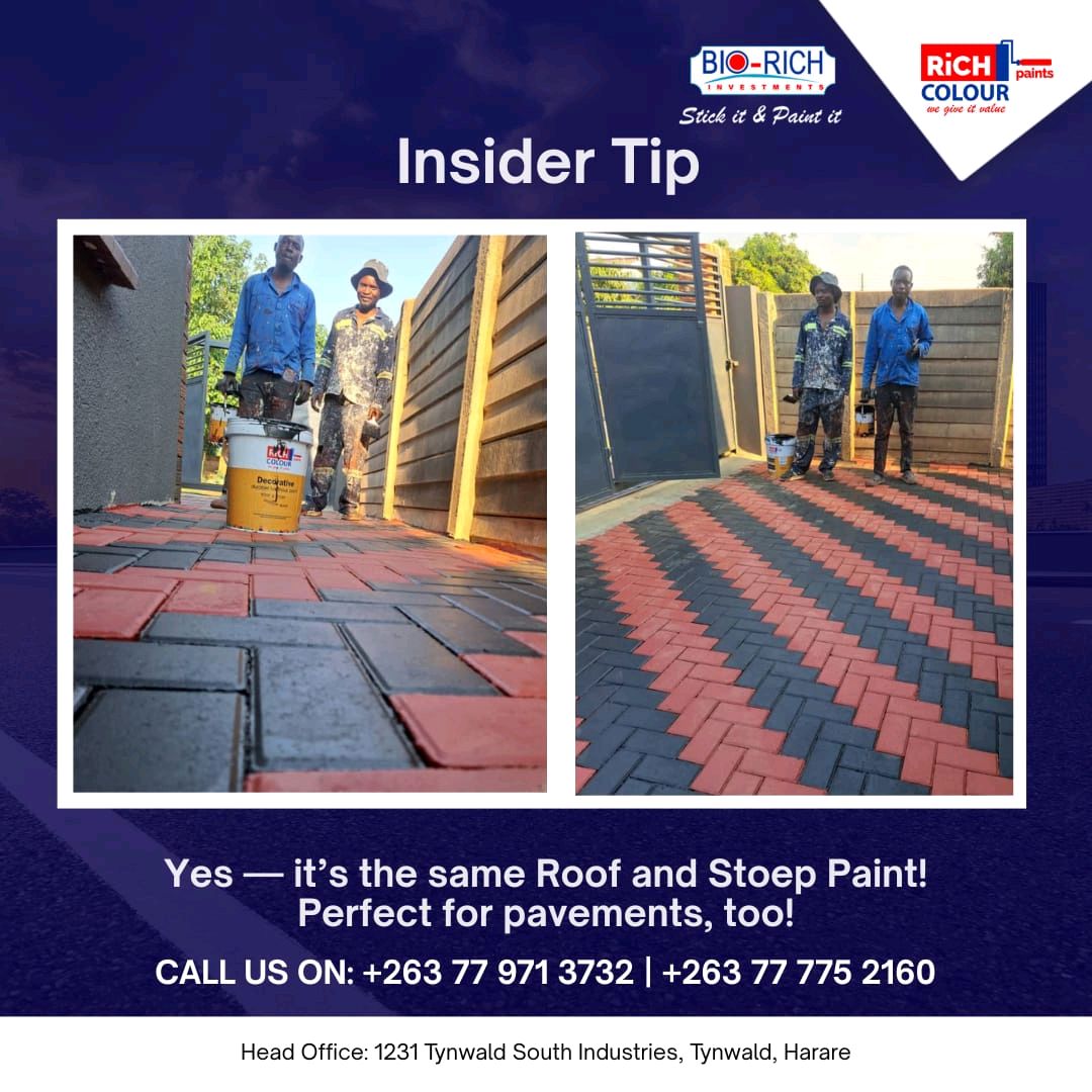Yes — our trusted Roof and Stoep Paint does more than roofs! It’s perfect for pavements, driveways, and walkways, giving them a bold, long-lasting finish that stands up to the elements. 
Call or WhatsApp 
+263 77 971 3732 | +263 77 775 2160
#BioRichInvestments #RichColourPaints
