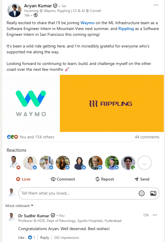 hyderabaddoctor's tweet image. Happy to share that our son has got exciting opportunities to work as a Software Engineer Intern at Waymo, Mountain View (on the ML Infrastructure team), and Rippling, San Francisco in 2026.
He is currently a 3rd year student at Cornell University, majoring in Computer Science (&amp;amp;…