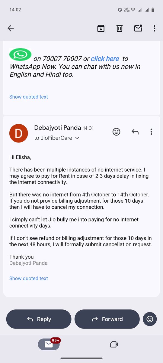 DebajyotiPanda's tweet photo. @JioCare This is my last resort to get the refund or billing adjustment for no internet connectivity days. I cannot let Jio bully me into paying for no internet connectivity days. @jagograhakjago https://t.co/n6fEixgowJ