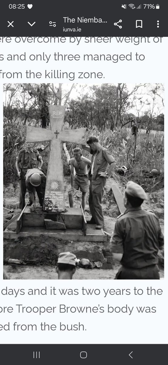 RobLooseCannon's tweet photo. Today in 1960, 9 Irish soldiers were killed in an ambush by Baluba tribesmen in Niemba, Katanga. They were deployed as United Nations peacekeepers to stabilise the newly independent Republic of Congo as Katangan rebels attempted to secede.

Lieutenant Kevin Gleeson, leading a platoon of eleven men from the 33rd Infantry Battalion, was tasked with securing a station and repairing a bridge over the Luweyeye River. The soldiers encountered the damaged bridge and a roadblock set up by Baluba tribesmen, who had mistaken the Irish peacekeepers for Katangan rebels. 

The platoon had left much of their support weaponry, including Bren machine guns, in their vehicles, which were now inaccessible. When Gleeson and Sergeant Hugh Gaynor approached to investigate, they were quickly surrounded by about 200 tribesmen armed with bows, arrows, machetes, and clubs.

Following their UN orders not to fire unless fired upon, the Irish soldiers attempted to communicate peacefully. Gleeson greeted the tribesmen with “Jamba,” a friendly term in Swahili, only to be struck by an arrow. Almost immediately, a hail of arrows rained down on the platoon. 

Under intense pressure, Gleeson ordered his men to return fire while he laid down cover to help them retreat. But the numbers were overwhelming, and he was killed while defending his troops.

A fierce battle ensued in the thick jungle terrain, with the Irish soldiers severely outnumbered. Lacking sufficient ammunition, they fought hand-to-hand as tribesmen continued to advance, determined to eliminate any survivors. The fighting was swift and brutal, leaving 25 tribesmen and most of the Irish peacekeepers dead. 

Amid the confusion, Trooper Anthony Browne went missing, and his body would not be found until 1962. He was later posthumously awarded An Bonn Míleata Calmachta (Military Medal for Gallantry), the Irish Defence Forces' highest honour. Privates Joe Fitzpatrick and Thomas Kenny survived the ambush by managing to hide; Fitzpatrick was rescued the following day, and Kenny was found two days later by Irish Army personnel.

The massacre left a deep impact on Ireland, where almost 500,000 mourners later lined the streets of Dublin for the soldiers' funeral cortege. While the name "Baluba" became synonymous with savagery in Ireland, this incident did not reflect the whole of the Baluba people, who, like the Irish, had endured years of oppression under colonial rule and had resisted Belgian control through rebellions in 1895 and 1917.

For the Irish Army, this mission underscored the serious challenges of being deployed overseas, particularly in environments for which they were ill-equipped and unprepared. The soldiers wore woollen uniforms and hobnail boots unsuitable for the tropical climate and carried outdated weapons. Additionally, no interpreters were assigned, compounding the miscommunication with locals. 

The survivors, Fitzpatrick and Kenny, returned to Ireland traumatized and largely unacknowledged. Decades later, after a campaign to recognize their bravery, Fitzpatrick was awarded a commendation in 2007, which Kenny declined.

The remains of the 9 soldiers were interred with honours at Glasnevin Cemetery, but the events of Niemba continued to cast a long shadow. Misreported details of the ambush caused further anguish for the survivors, whose accounts were initially dismissed or altered. It was only in 1998 that medals were awarded posthumously to those who died serving as peacekeepers. 

The names of those who died so brutally attempting to bring peace to the people of the Congo are :

Lt. Kevin Gleeson, Carlow, aged 30
Sgt.Hugh ‘Sonny’ Gaynor,Leixlip, aged 29
Cpl. Peter Kelly, Templeogue, aged 25
Cpl. Liam Dougan, Cabra, aged 34
Pt. Matthew Farrell,Jamestown, Dublin, aged 22
Tpr. Thomas Fennell,Donnycarney, aged 18
Tpr. Anthony Browne, Rialto, aged 20
Pte. Michael McGuinn Carlow, aged 21
Pte. Gerard Killeen Rathmines. aged 27