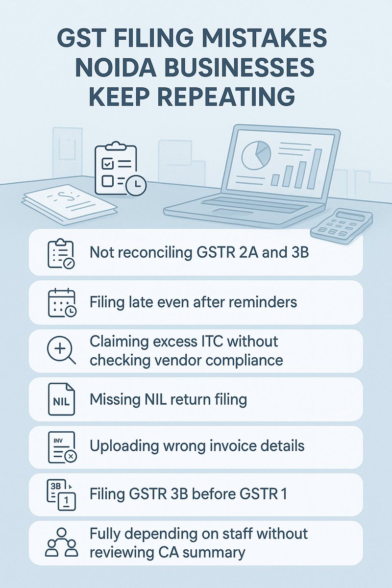 Chartered_help's tweet image. These GST filing mistakes might look small, but they can cost you BIG. Noida businesses, it’s time to fix them before the next return cycle.

#gstfiling #gst #charteredhelp