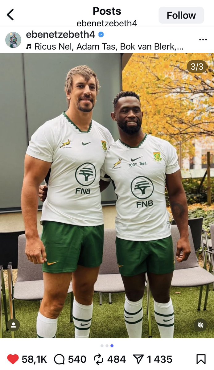 hendrikcronje71's tweet image. Eben&apos;s message on Instagram for Siya before his 100th test tonight. Special friends. 💚 🇿🇦