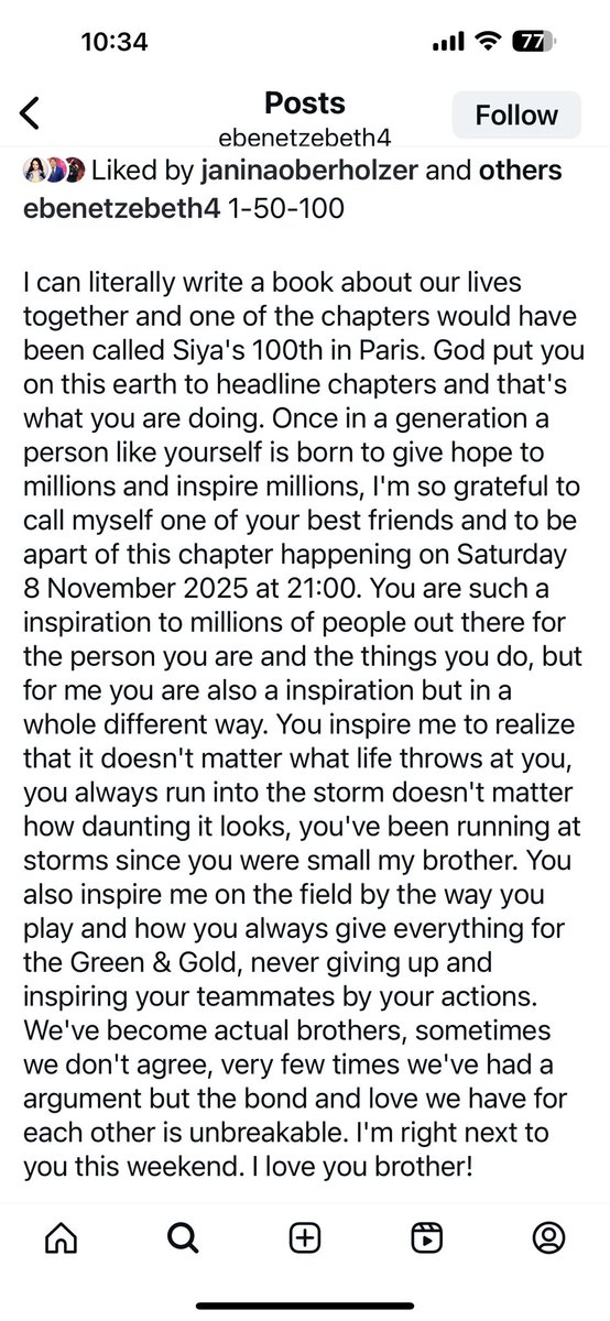 hendrikcronje71's tweet image. Eben&apos;s message on Instagram for Siya before his 100th test tonight. Special friends. 💚 🇿🇦