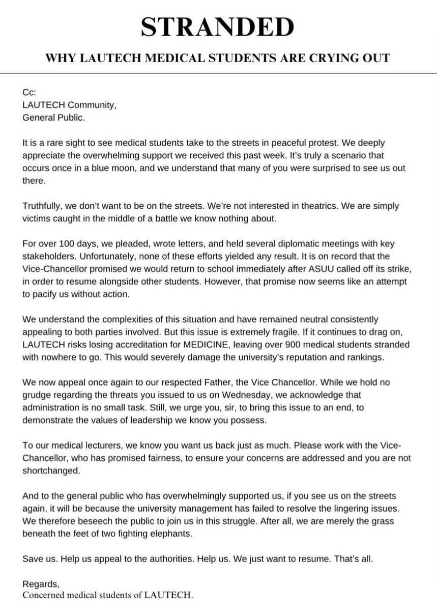 LAUTECH Medical Students: Stranded, With Nowhere to Go

If your future were being snatched away, wouldn’t you raise your voice too?

Kindly RT this when you see it 

<a href="/seyiamakinde/">Seyi Makinde</a> <a href="/oyostategovt/">Oyo State Government</a> <a href="/FeedbackOYSG/">Oyo State Government Feedback</a>