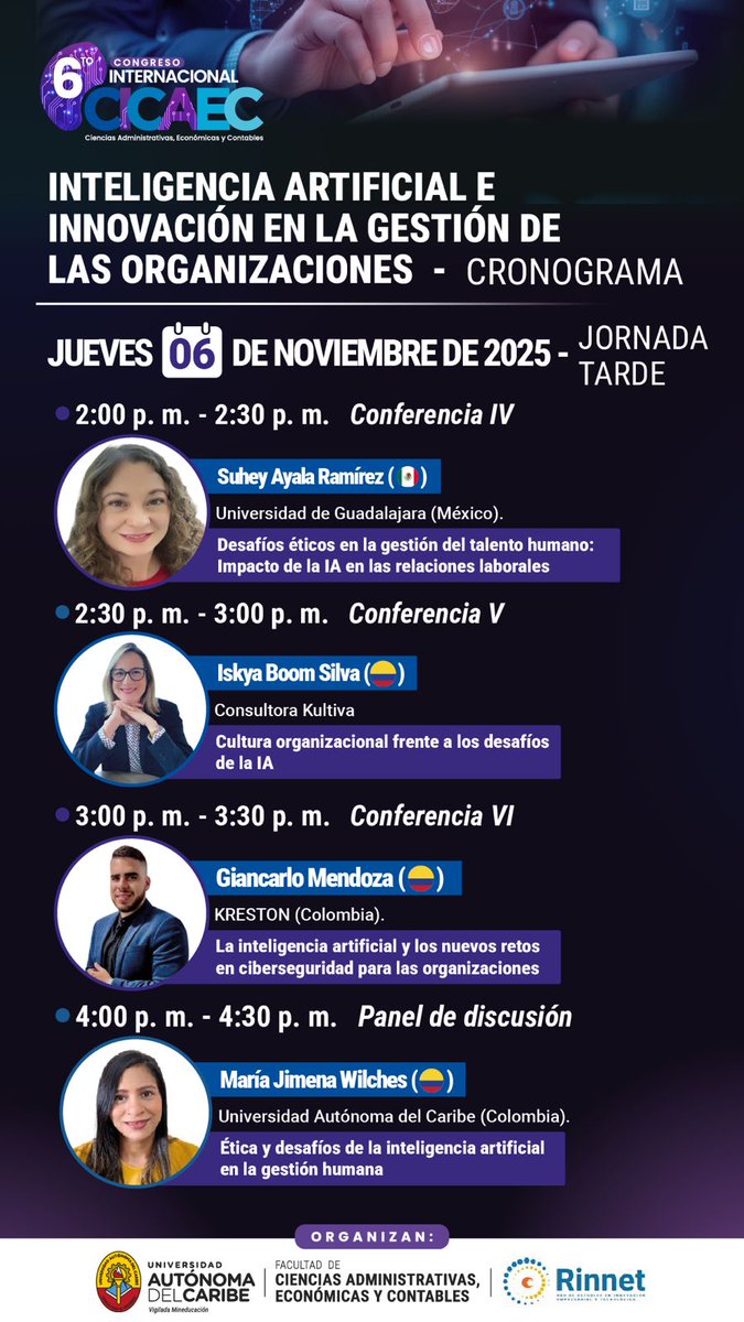 Tavo829's tweet photo. VI CICAEC, jornada "Ética y desafíos de la IA en la gestión humana" https://t.co/2wYy3K4Flz