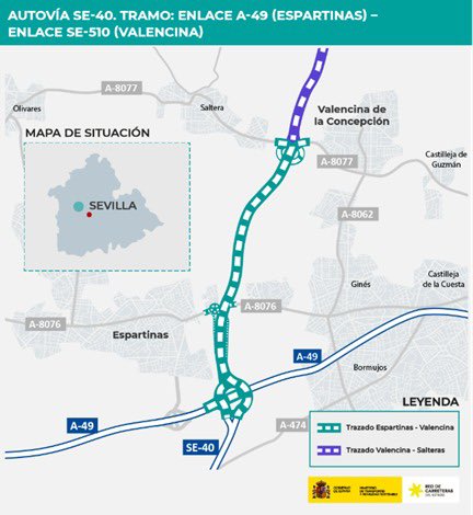 Adjudicamos por 84 M€ las obras para el nuevo tramo de 4km de Espartinas y Valencina de la SE-40.

La autovía de circunvalación permitirá aliviar el tráfico de los núcleos urbanos del entorno de Sevilla.