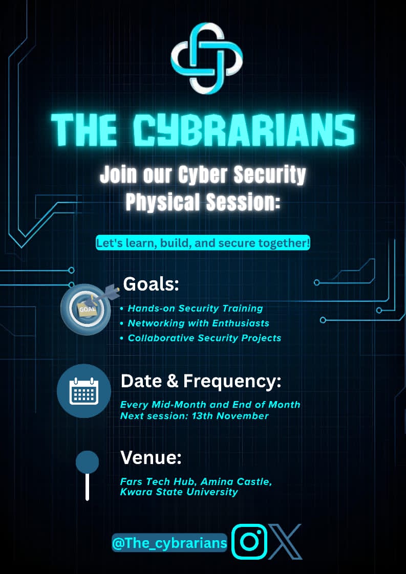 THE_CYBRARIANS's tweet image. We’re Outside! 🔥

The Cybrarians are hosting our first physical session of the semester!

📅  Nov 13 | 🕓 4PM  
📍  Fars Tech Hub  

Cybersecurity talks, networking, and vibes!  
Don’t miss out. Come connect, learn &amp;amp; grow.  

#TheCybrarians #CyberSecurity