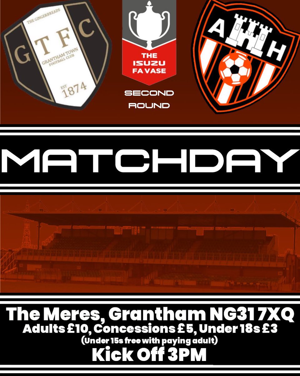 MATCHDAY 🟠⚫️

🆚 <a href="/granthamtownfc/">Grantham Town FC</a> 
🏟️ The Meres 
🕣 3:00pm Kick Off
🎟️ £10 Adults, £5 Concessions, £3 U18s, U15s Free with paying Adult.

#UTA 🧡🖤