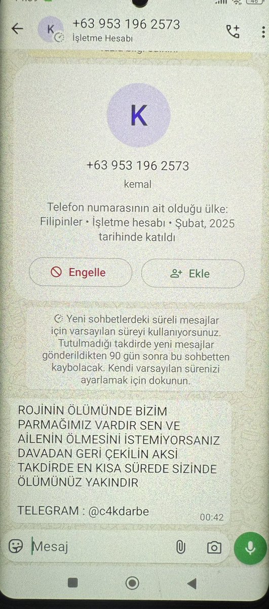 Rojin’in Babasına gelen 
tehdit mesajlarından sadece biri

Baba Nizamettin KABAİŞ, kamuoyundan yardım ve destek talebinde bulunuyor