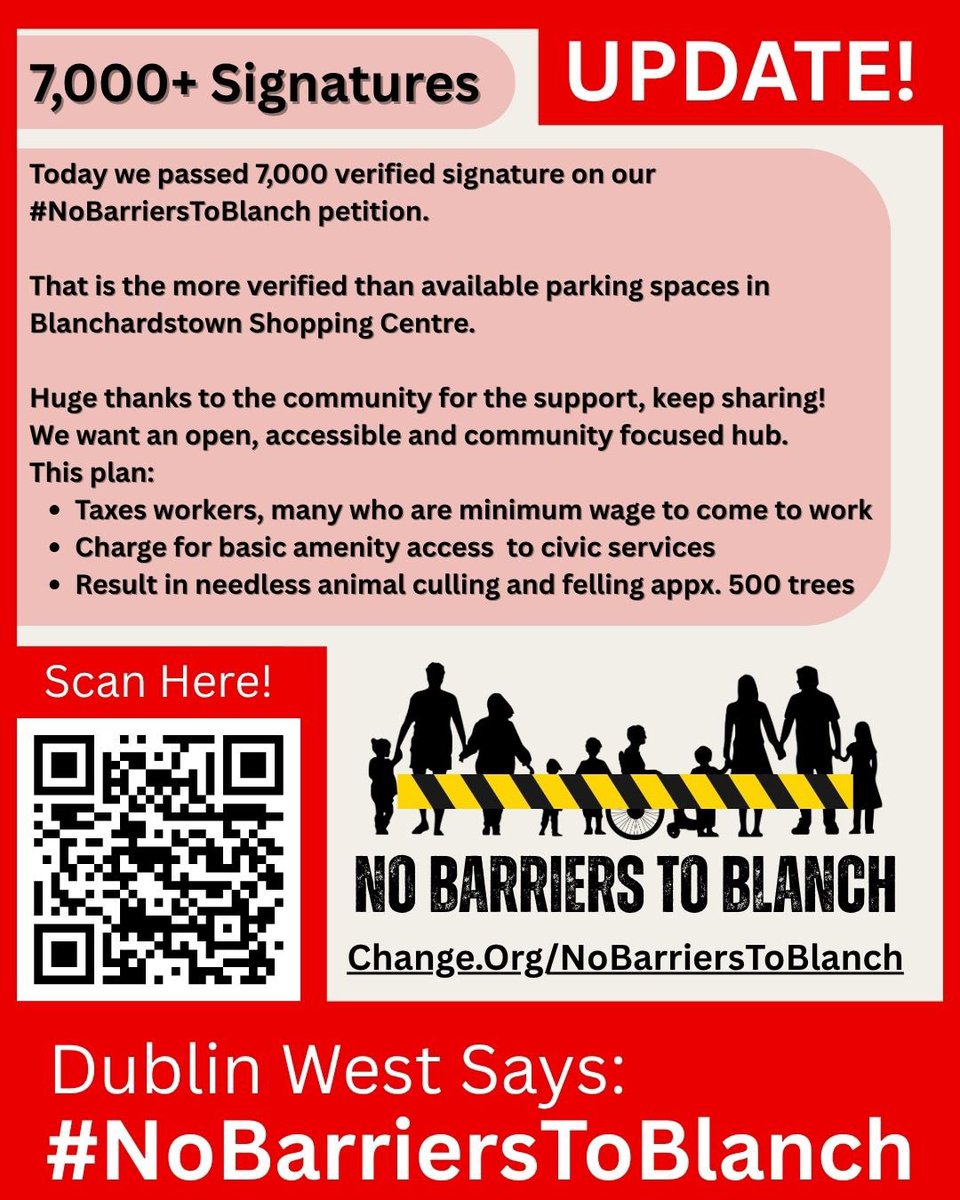 LukeDaly___'s tweet image. We’ve more verified signatures than car parking spaces available in the entirety of Blanchardstown Shopping Center 🚙 (7,000+) #NoBarriersToBlanch

Petition Link: (Sign, Share &amp;amp; Send to Friends) 
👉🏼Change.org/NoBarriersToBl… 

Drop us a follow; 
👉🏼 Linktr.ee/Luke.Daly