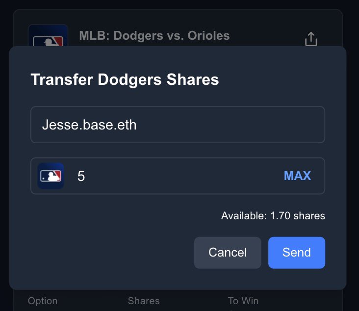 Have a sports friend?!

Send them 4 shares of their favorite team instantly onchain! Very soon on <a href="/PredictBase/">PredictBase</a> 

<a href="/jessepollak/">jesse.base.eth</a> will be sending you Commanders shares 😂

3 am and finally done with this feature! ✔️ Goodnight everyone!