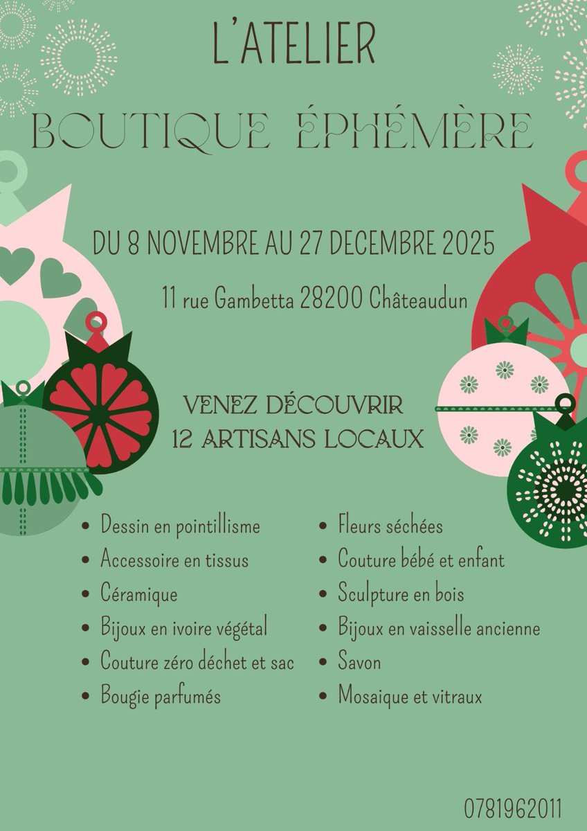 L’artisanat local à l’honneur à #Chateaudun !
Du 8 nov. au 27 déc., la boutique éphémère L’Atelier (11 rue Gambetta) réunit 12 artisans passionnés : céramique, bijoux, couture, mosaïque, savons…
🌟 À découvrir et à partager !
#ArtisanatLocal #Noël2025 #Châteaudun