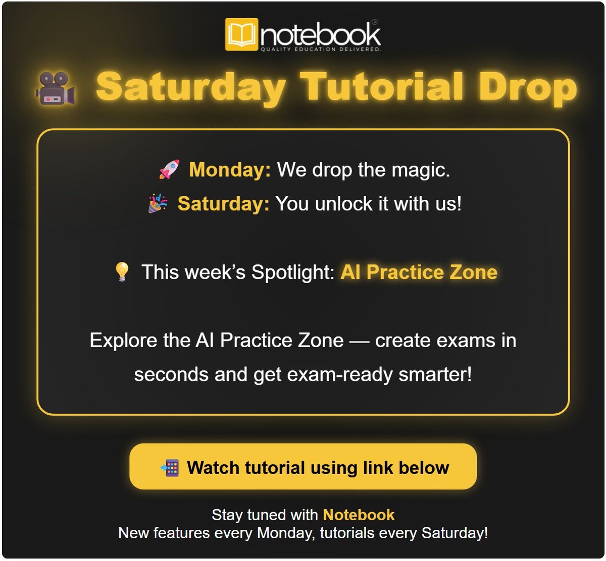 NotebookSocial's tweet image. 💡 Your Saturday just got smarter—new tutorial dropping now...

🧠 Monday’s feature: AI Practice Zone

🎥 Today’s tutorial: *Master it in minutes

*📲 Watch here:

youtu.be/I4oWboBeZl0

✨ New features every Monday ✨ Fresh tutorials every Saturday

That’s the Notebook rhythm!