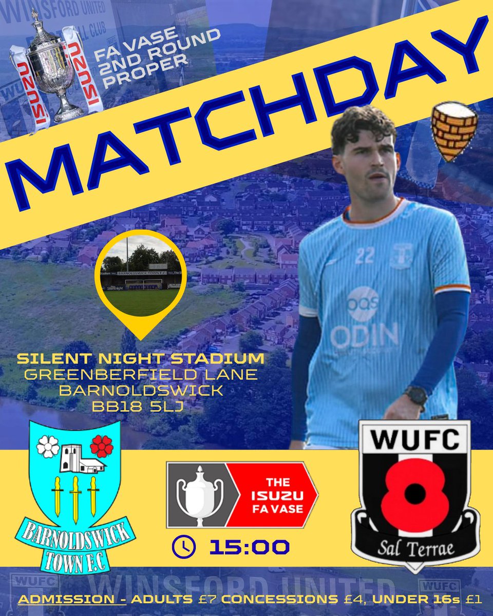 ITS FA VASE MATCHDAY | 
🆚️ <a href="/barlickfc/">Barnoldswick Town FC</a> Town 
🏆 FA Vase - 2nd Round 
⌚️ 3pm KO
🏟 Silentnight Stadium 
📍 Barnoldswick, BB18 5LJ 
🎟 Adults £7, Concessions £4, 
Under 16s £1

⚠️ Keep up to date via X (<a href="/WinsfordUnited/">Winsford United</a>) or by the Match Thread on Facebook