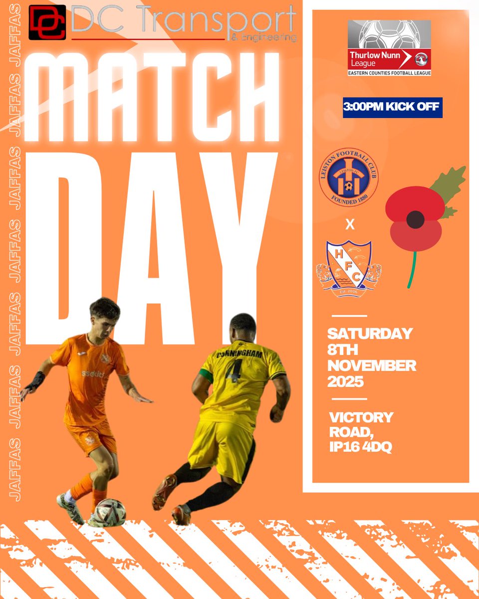 🍊MATCH DAY🍊

The Jaffas are on the road to face a young talented Leiston side 🚌 

🆚 <a href="/leistonfc/">Leiston FC</a> u23s
📆 Saturday 8th November 
📍 Victory Road, IP16 4DQ
🕒 KO: 3:00PM

Jaffas fans we need your support 🍊🔥

#JAFFAS