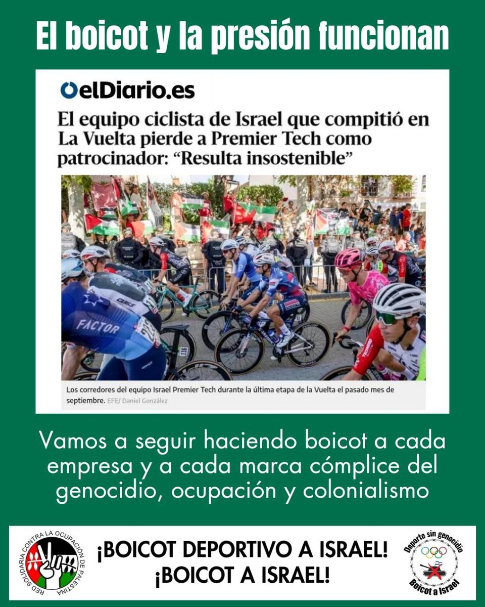 El boicot y la presión funcionan‼️
#BoicotIsrael y a cada empresa &amp; marca cómplice que normaliza a este estado genocidia en su intento de lavar su imagen a través de eventos deportivos.
Seguimos!!!
Fuente: <a href="/eldiarioes/">elDiario.es</a>