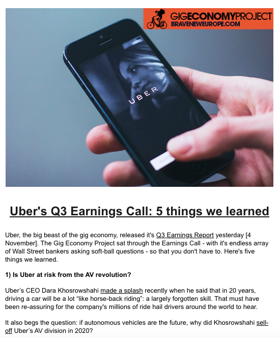 project_gig's tweet photo. Missed the Gig Economy Project newsletter this week? You can catch-up here: https://t.co/wl8kBSh7PT

And to get it in your inbox each week, click here: https://t.co/wl8kBSh7PT

#Uber #GigEconomy #GigWork #PlatformWork #Appwork #OnDemandWork #Ridehail #AVs #PlatformEconomy #Work https://t.co/NCCgCUIl8D