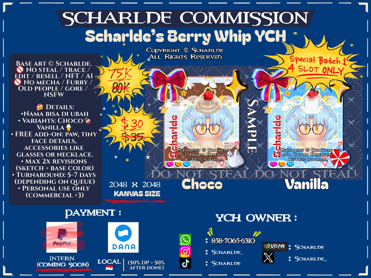 scharlde_'s tweet photo. Make ur fave character into a cutie whipped cream berry on top✨
🍓SCHARLDE COMMISSION — Berry Whip YCH OPEN!🍓
🤍 &amp; 🔁 Appreciated!
💫 Batch 1 Special: 75k only! (Limited 4 slots)
Normal price → 80k after batch 1 closes
Slots: [0/4]

#scharlde #art #opencommissions #commission https://t.co/ZhNOnm389G
