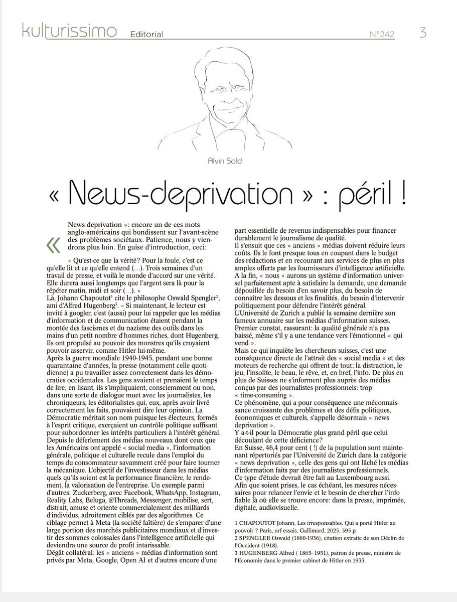 SoldAlvin's tweet image. News-deprivation,  LE péril pour la démocratie. - Mon édito de ce 8 novembre, dans kulturissimo, supplément mensueldu Tageblatt.