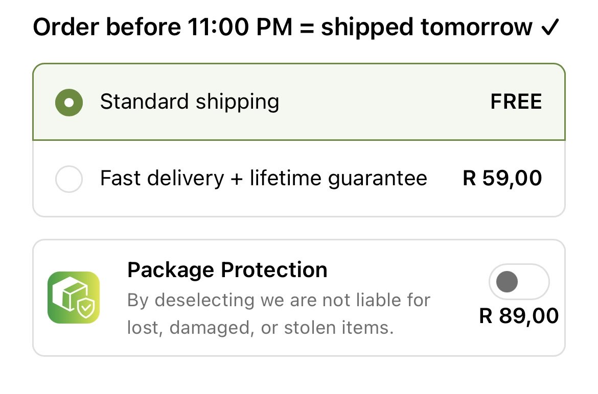 With this online order, the customer is expected to pay extra for “package protection”,otherwise they take on all pre-delivery risk.
That’s legally invalid.😡
CPA Section19(c): “Goods to be delivered remain at the supplier’s risk until the consumer hasaccepted delivery of them.”