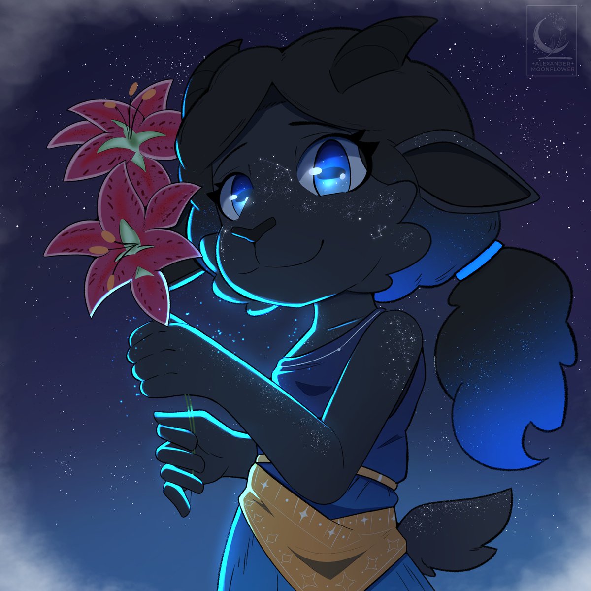 AlexanderMoonfl's tweet photo. Character i've had in my mind for a long time
I'm really happy to finally give her a design😭    

Her nickname is The Stargazer  
Her actual name is still on the works!   
Fun fact: The flower's she's holding are called Stargazer Lillies! https://t.co/jk3R4CzXvh