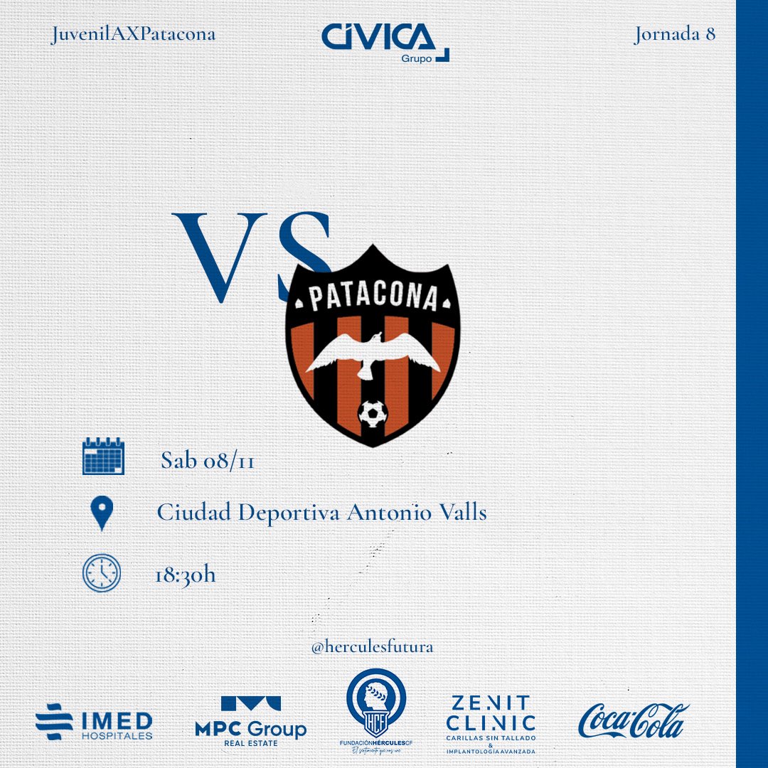 🔜 𝗣𝗿𝗼́𝘅𝗶𝗺𝗼 𝗽𝗮𝗿𝘁𝗶𝗱𝗼

🫡 El #JuvenilA vuelve al Antonio Valls para buscar una victoria.

📅 8 de noviembre | Jornada 8 |
🕒 18:30 horas

🫣 No faltes. Tras el partido del <a href="/cfhercules/">Hércules CF 💙🤍💯</a>. El #JuvenilA necesita vuestro apoyo. 

💙 #MachoHércules 🤍