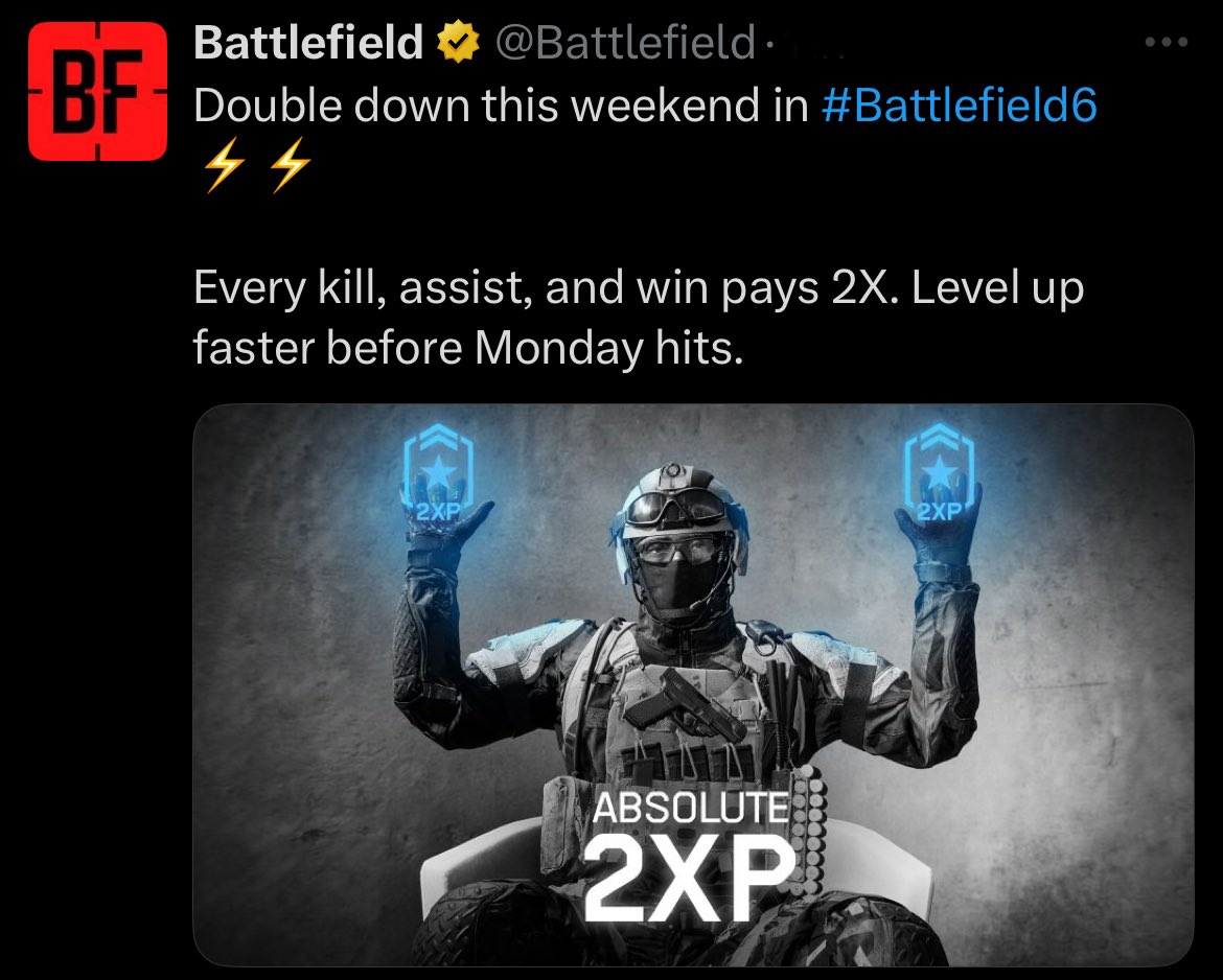 theplayspotters's tweet image. Battlefield 6 is running a 2XP event all weekend! 
Double XP on all mode, rank up, unlock weapons, and level faster. Don’t miss it! 

📅 This weekend only
#Battlefield6 #2XPWeekend #PlaySpotters