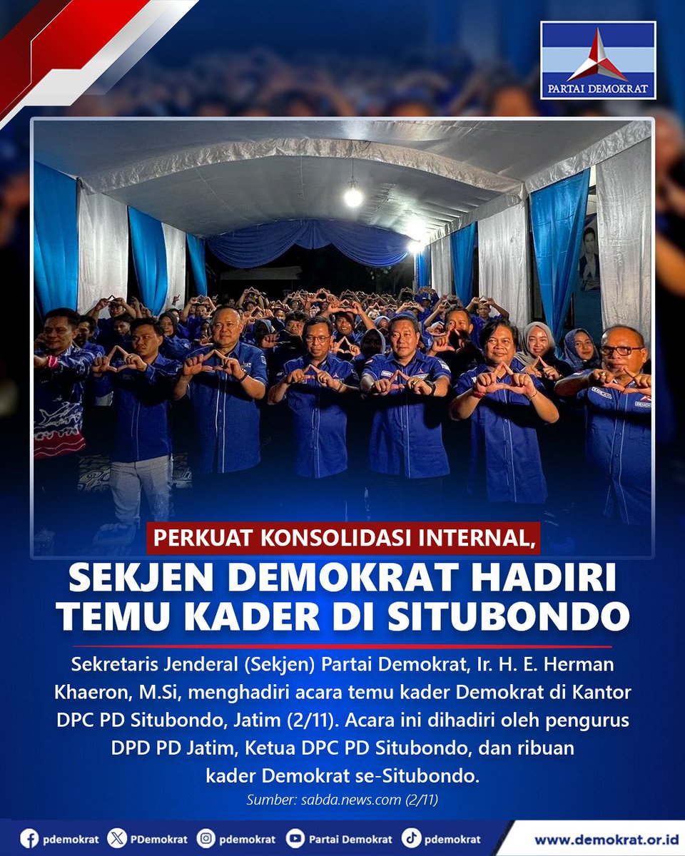 Perkuat Konsolidasi Internal, Sekjen Demokrat Hadiri Temu Kader di Situbondo

Sekretaris Jenderal Partai Demokrat, Herman Khaeron, menghadiri acara temu kader Demokrat di Kantor DPC Situbondo, Jatim (2/11/2025). Acara ini dihadiri oleh pengurus DPD Demokrat Jatim, Ketua DPC