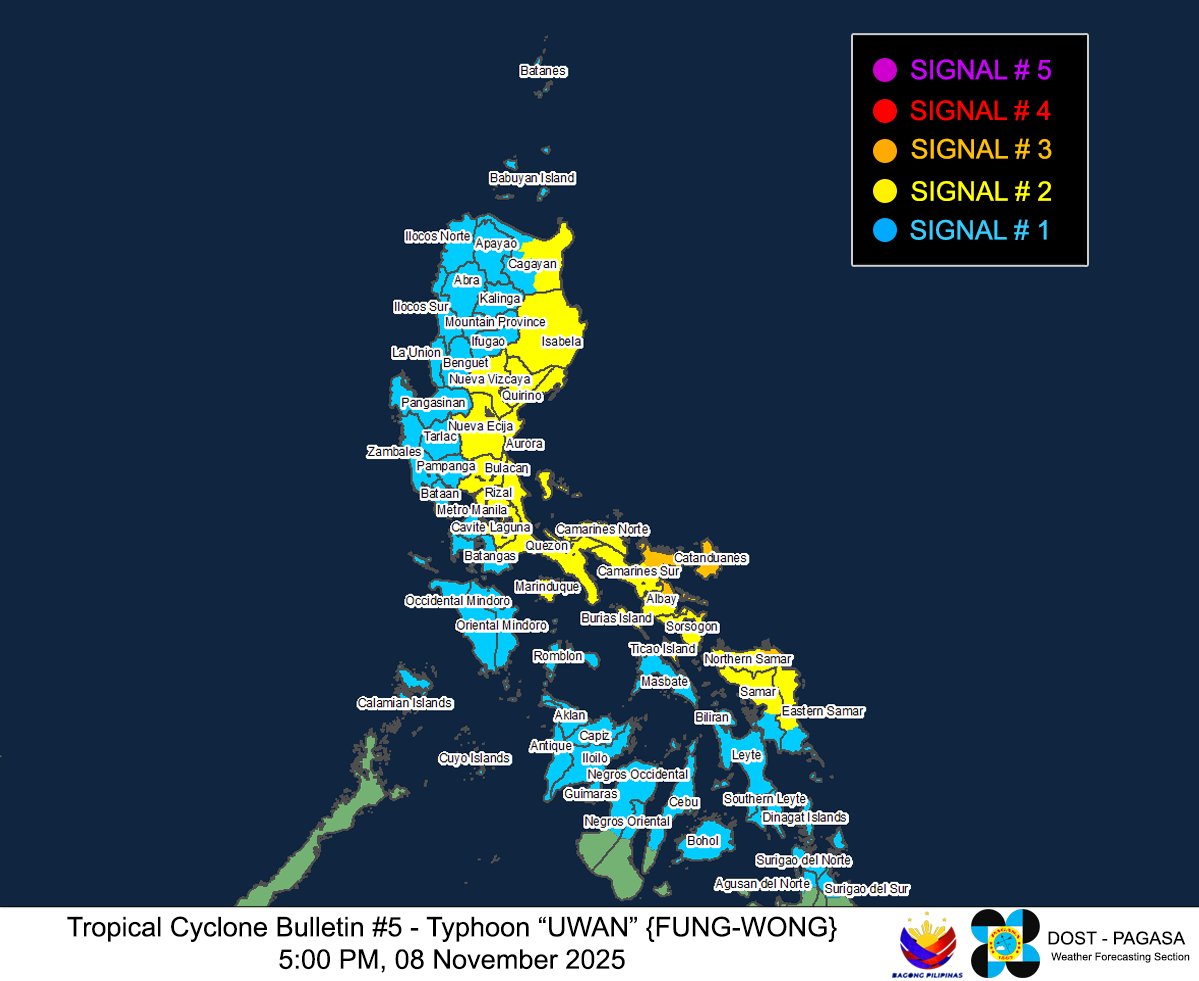 dost_pagasa's tweet photo. TROPICAL CYCLONE BULLETIN NR. 5
Typhoon #UwanPH (FUNG-WONG)
Issued at 5:00 PM, 08 November 2025
Valid for broadcast until the next bulletin at 11:00 PM today.

TYPHOON “UWAN” CONTINUES TO RAPIDLY INTENSIFY AS IT BEGINS TO MOVE CLOSER TOWARDS THE PHILIPPINE SEA EAST OF BICOL REGION

DOST-PAGASA
Link: https://t.co/d4BjlCwbZs