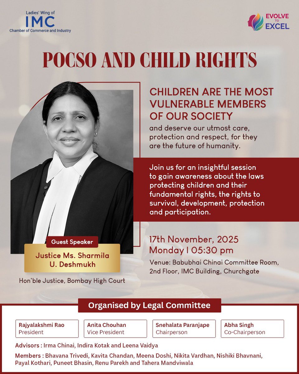 Every child deserves a world where they are safe, heard, and protected.

Join us for an enlightening session on POCSO and Child Rights with Hon’ble Justice Ms. Sharmila U. Deshmukh, Bombay High Court.