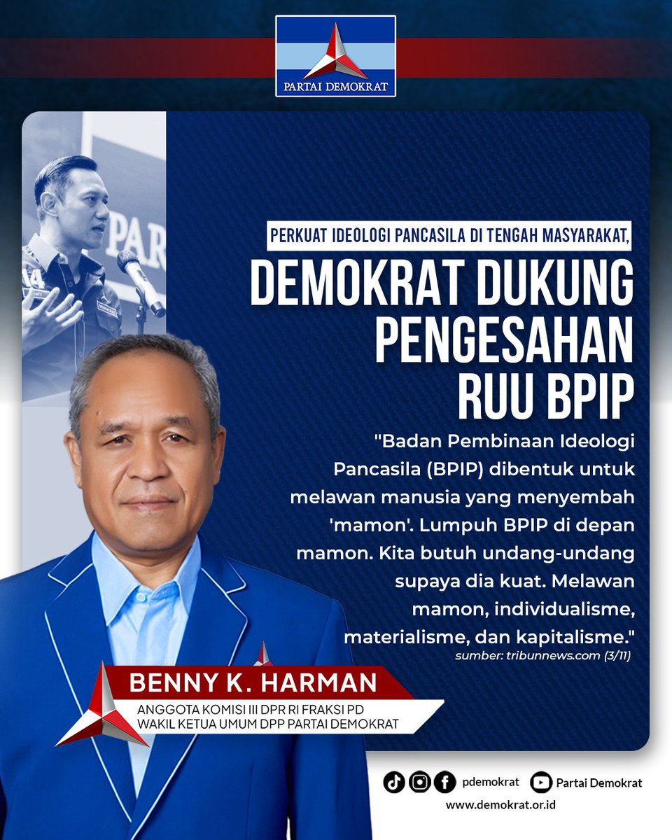 Perkuat Ideologi Pancasila di Tengah Masyarakat, Demokrat Dukung Pengesahan RUU BPIP

"Badan Pembinaan Ideologi Pancasila (BPIP) dibentuk untuk melawan manusia yang menyembah 'mamon'. Lumpuh BPIP di depan mamon. Kita butuh undang-undang supaya dia kuat. Melawan mamon,