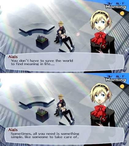 Lautrecular's tweet photo. @Personafandom Aigis’ whole rooftop speech really, but this bit in particular is the most impactful quote from *anything* for me.
Metis’ lines here and Aigis’ answer helped me stop my own ‘call for Nyx’
Tatusya’s question was vry meaningful as someone who was his same age at the time of playing https://t.co/8E1W57OWrQ