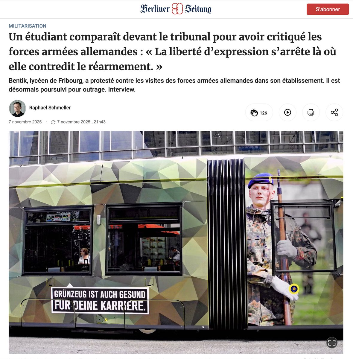 Une affaire qui fait grand bruit encore en Allemagne, l'arrestation d'un lycéen allemand pour avoir émis un avis en classe.

À l'automne 2024, l'armée allemande a visité son école. C'était une visite obligatoire pour tous les élèves de terminale. Un officier allemand a fait une