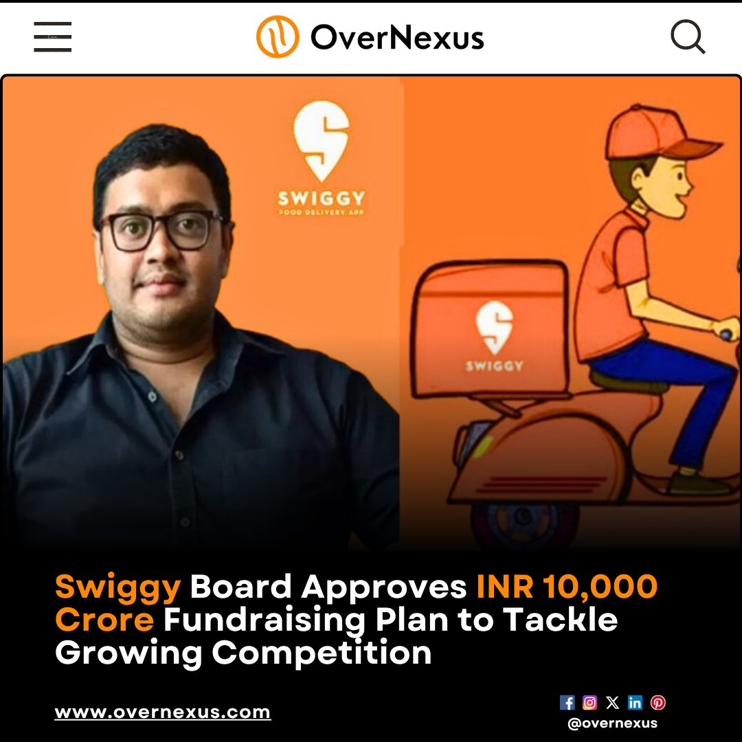 overnexusbiz's tweet image. Swiggy has secured board approval to raise up to INR 10,000 crore through funding options like QIP, subject to regulatory approvals, to enhance its competitive position in the food delivery market. 

#OverNexus #SwiggyFundraising  #CompetitionStrategy #FoodTechInvestments