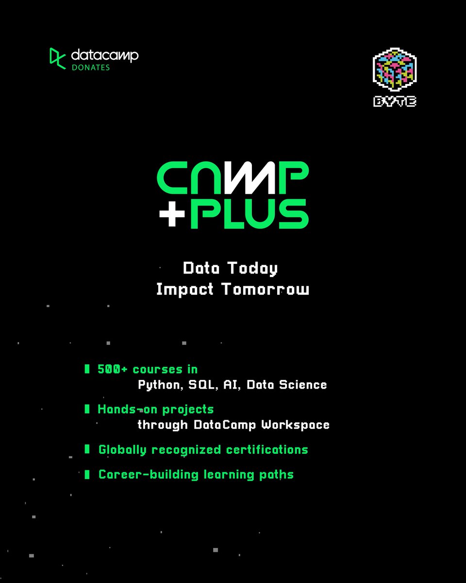 🌟 Camp+ | Data Today, Impact Tomorrow 🌟

BYTE Organization, in partnership with DataCamp Donates, is proud to announce Camp+, a scholarship program empowering youth across the MENA region to gain future-ready data and AI skills — completely free for 12 months.

What you’ll get: