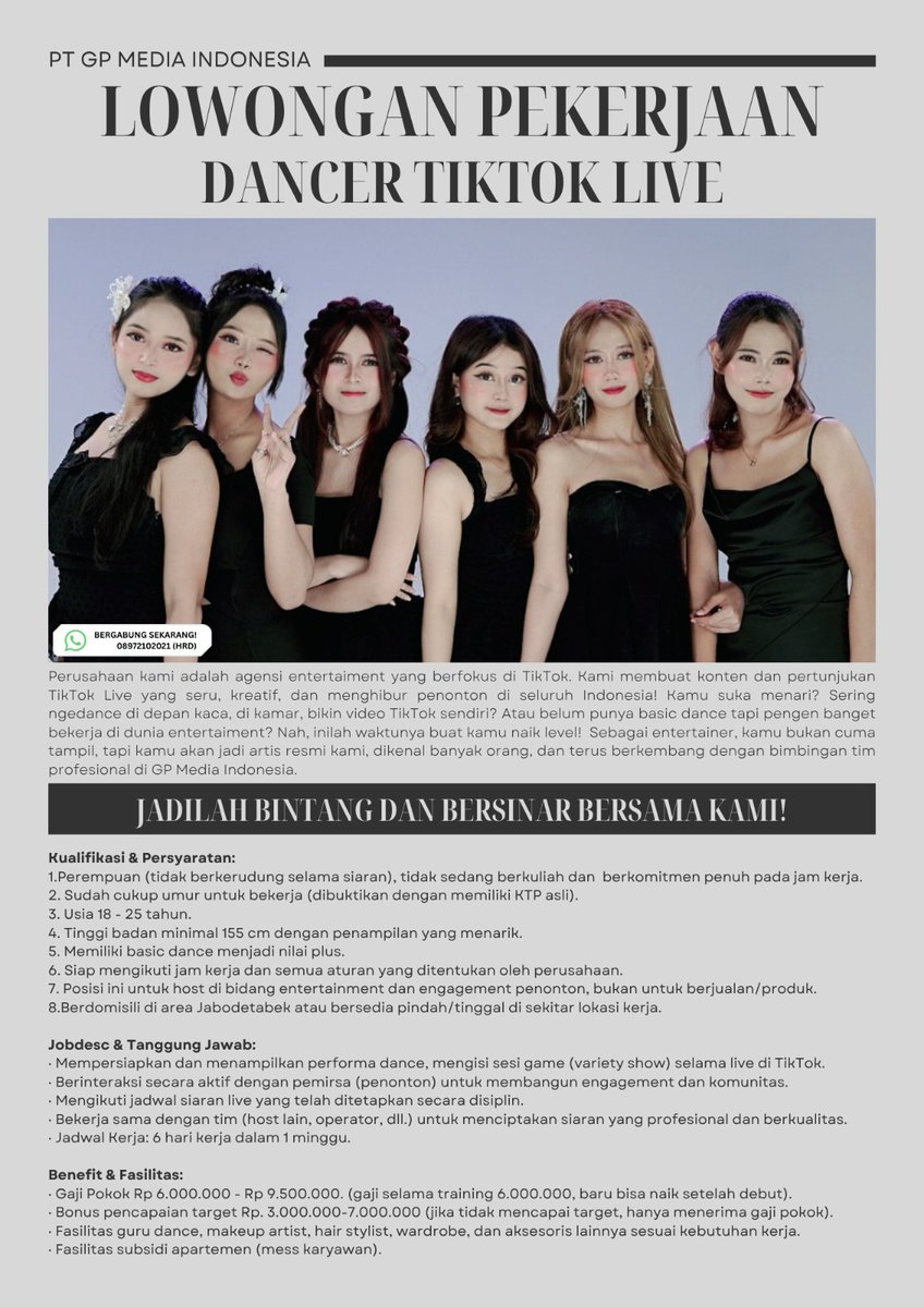 stefuck_u's tweet photo. @worksfess Bolee ka, syaratnya cukup perempuan dan sehat saja. Karena kerjanya ngedance, daftarlah kalau ndak ada masalah kesehatan. https://t.co/eIPpSz8zld