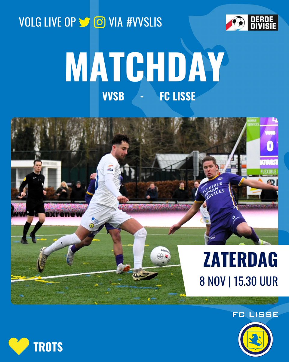 ⚽️ MATCHDAY | 🟣🟡 ⚔️ 🟡🔵  | #Bollenderby #vvsLIS <a href="/VVSBNWHout/">VVSB</a> 

🎙️ Verslag van de wedstrijd te beluisteren bij <a href="/omroepbo/">Bollenstreek Omroep</a> met verslaggever Marco van den Berg 🎙️
