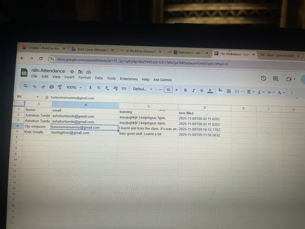 tunde_ashekun's tweet image. Executed my first N8n workflow which fills a google sheet with details of participants who attended a class by calling a webhook through filling a lovable form. Baby steps in n8n. I hope I don’t get to relent. Thank you guys @AutomationKing0 @Tech_babby