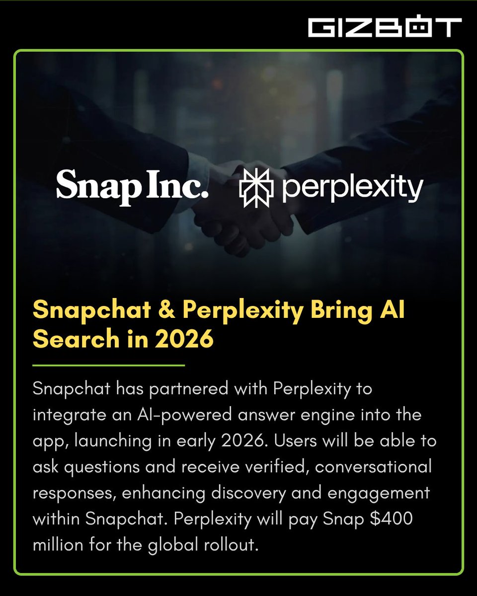 gizbot's tweet image. Snapchat Teams Up with Perplexity to Launch AI-Powered Search in 2026

#snapchat #PerplexityAI #ConversationalAI #AIIntegration #TechNews #SocialMediaInnovation #AIChatbots #TechInnovation #TechUpgrade #TechUpdate