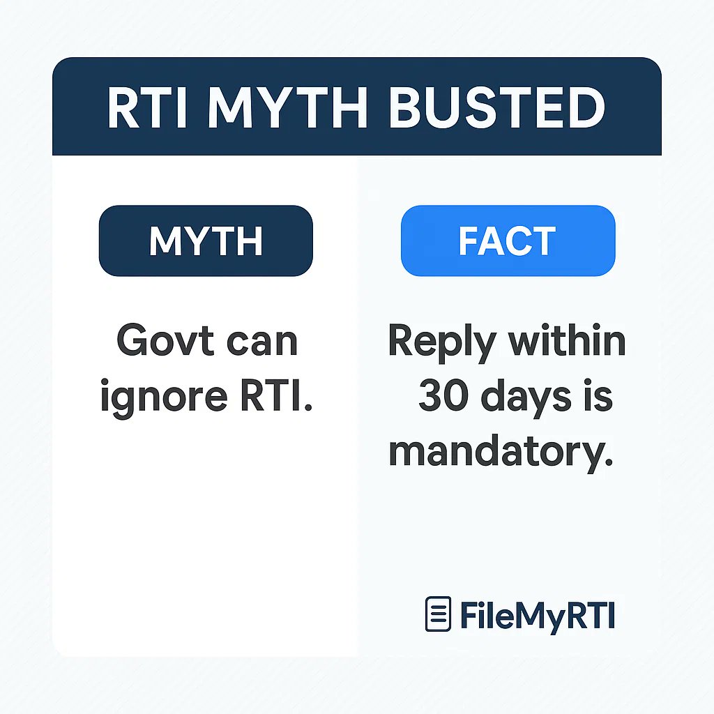FileMyRTI's tweet image. అపోహ: ప్రభుత్వం RTI ని పట్టించుకోకపోవచ్చు.

నిజం: 30 రోజుల్లో సమాధానం చట్టబద్ధంగా తప్పనిసరి.

మీ హక్కు తెలుసుకోండి.

#rti #mythbusting #FileMyRTI