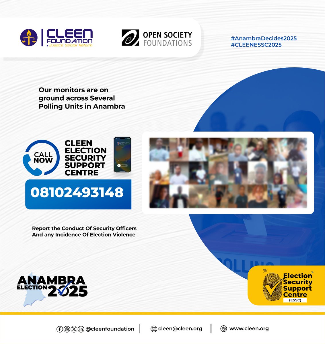 cleenfoundation's tweet photo. Our Election Security Support Centre is up and our Monitors have been deployed across the 21 LGAs of the state. Their job is simple - monitor the conduct of security personnel, watch out for security-related incidents, and report to the centre for escalation. https://t.co/HvLlVx1prM