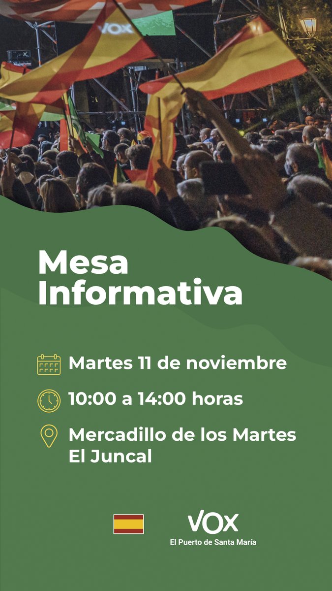 voxelpuertosm's tweet image. 📢 Este martes 11 de noviembre, salimos a la calle.

📍 Estaremos en el Mercadillo del Juncal de 10:00 a 14:00 h.

🇪🇸 ¡Te esperamos!

#VOX #ElPuerto #elpuertodesantamaria #elpuertonofunciona #SoloQuedaVOX