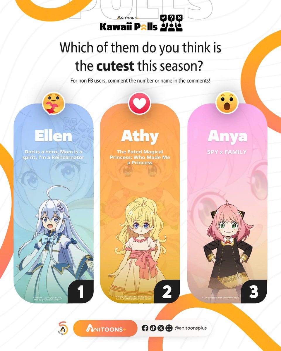 anitoonsplus's tweet photo. #KawaiiPolls Which of these adorable characters do you think is the most charming this fall anime season?
#Athy #ある姫 #Aruhime #Ellen #ははのは #Anya #SPY_FAMILY #スパイファミリー #Polls #MiniPolls
━━━━━━━━━
#AniToonsplus Your hub for daily anime updates and trends https://t.co/DeWYesaGRC