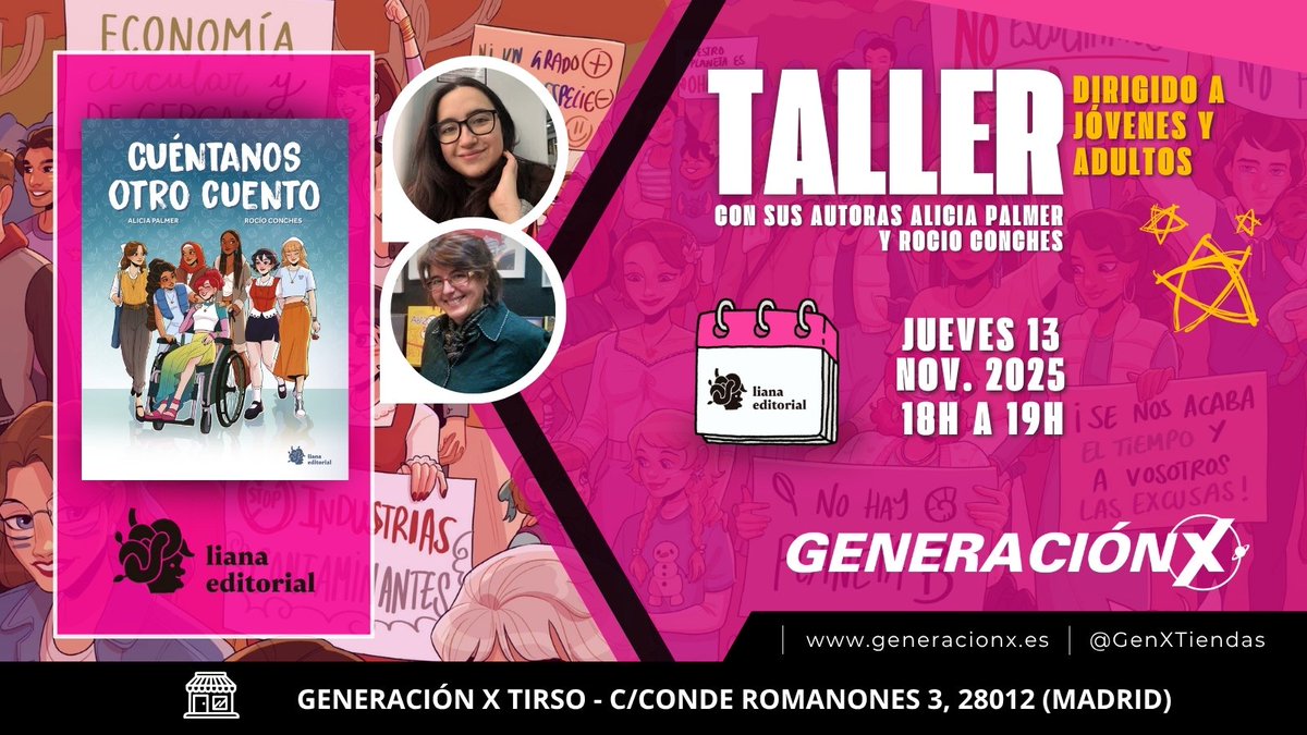 ¿Te apuntas al taller para adolescentes y adultxs basado en las historias de Cuéntanos otro cuento? Las autoras Alicia Palmer y Rocío Conches os propondrán dinámicas para desmontar viejas narrativas y construir un imaginario más abierto y libre.

<a href="/GenXTiendas/">Generación X</a> Tirso 
13/11 ➡️ 18h
