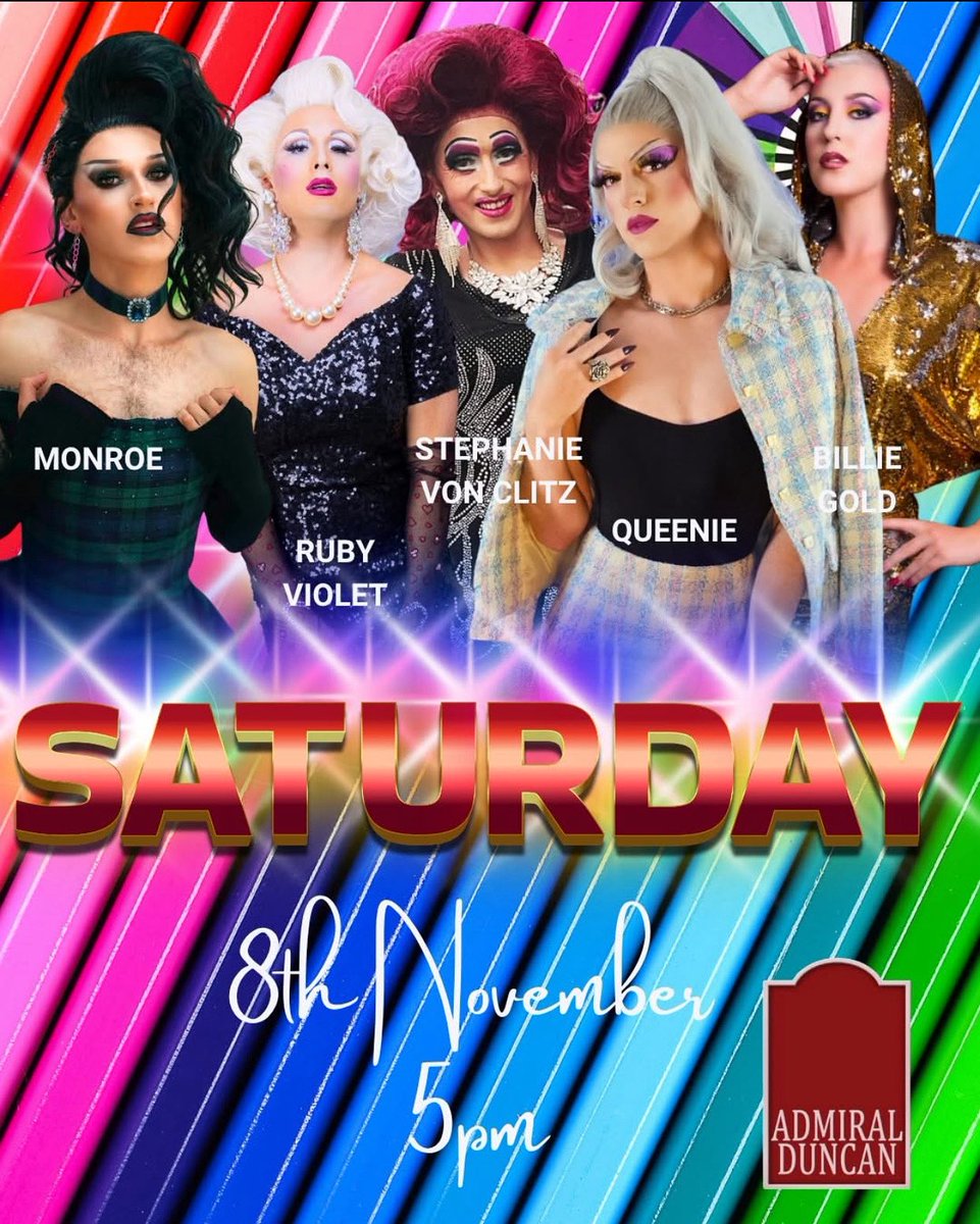 Tonight I shall be at the Admiral Duncan performing on stage at 9pm sandwiched in between the fabulous Monroe 5pm, Ruby Violet 7pm, Queenie 10pm and Billie Gold 11pm. Look forward to see you all later. X