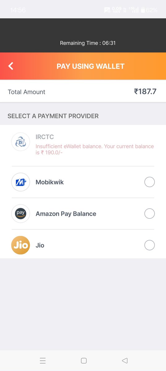 sayandas2503's tweet image. Payment amount is Rs 187.70 
I&apos;ve Rs 190/- in my wallet,but still can&apos;t make payment because it shows insufficient wallet balance !! 
Why ?? @IRCTCofficial @RailwaySeva