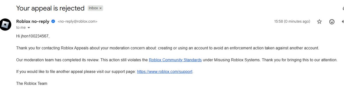 IzanagiSenpai55's tweet image. 30 days since Roblox banned my account in that “enforcement wave” for sharing wifi with my brother. Appeal option gone, no response, nothing. Wild how you can spend years on a platform and just get tossed like that. @Roblox please do better. (user - jhon100234567) #RobloxBanWave