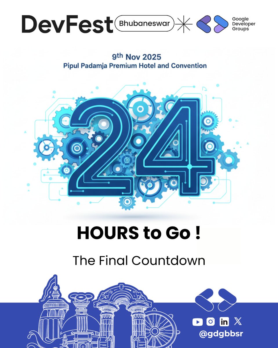 24 hours to go! 🎉
We’re all set — now it’s your turn to bring the energy.
Let’s make tomorrow unforgettable. 💛

📍 Pipul Padmaja Premium, Bhubaneswar
🗓 9 November 2025

#DevFestBhubaneswar #GDGBhubaneswar #gdgbbsr #24HoursToGo