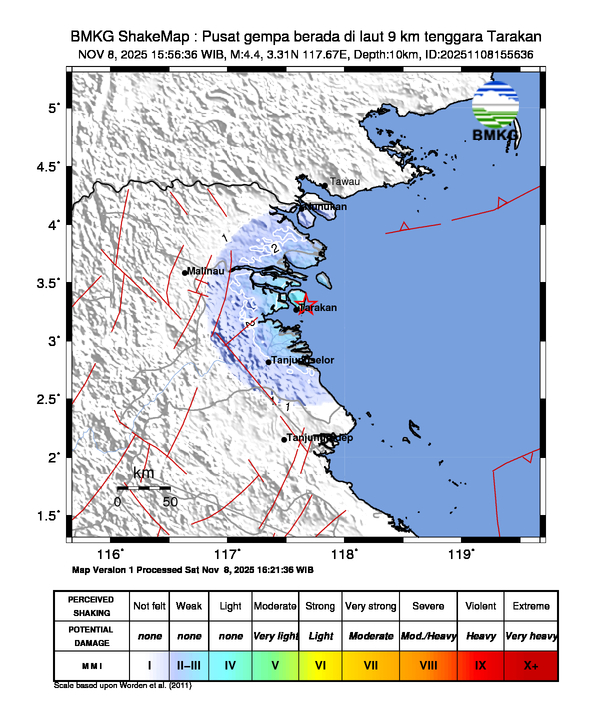 infoBMKG's tweet image. #Gempa (UPDATE) Mag:4.4, 08-Nov-25 15:56:36 WIB, Lok:3.31 LU, 117.67 BT (Pusat gempa berada di laut 9 km tenggara Tarakan), Kedlmn:10 Km Dirasakan (MMI) IV-V Tarakan, III-IV Tanjung Selor, III-IV Tana Tidung, III Nunukan, II-III Tanjung Redep #BMKG